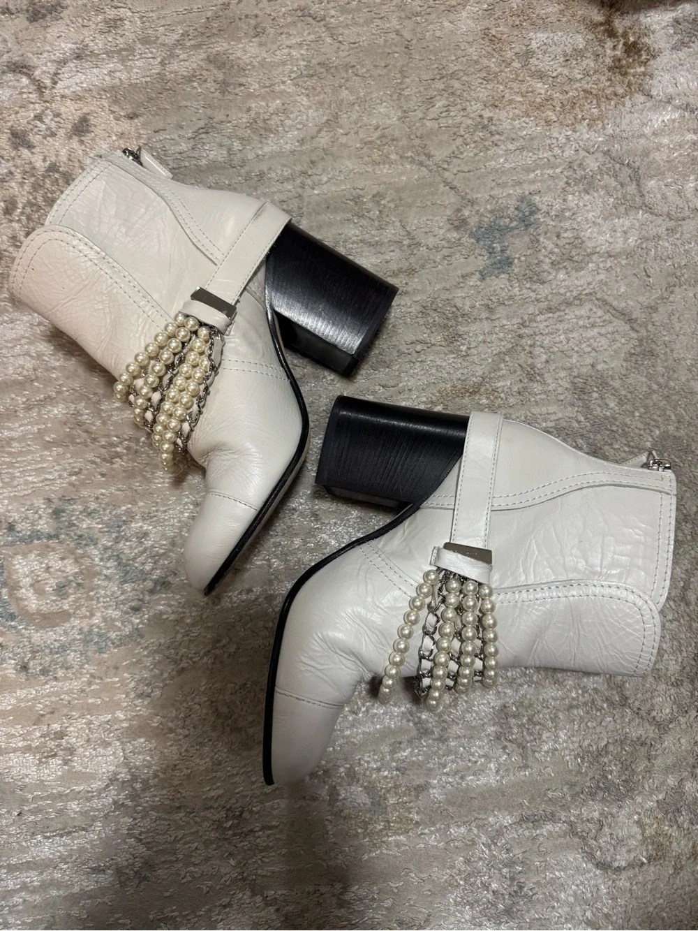 Chanel White Calfskin Pearl Chain CC Short Boots Size 39 or US 8.5